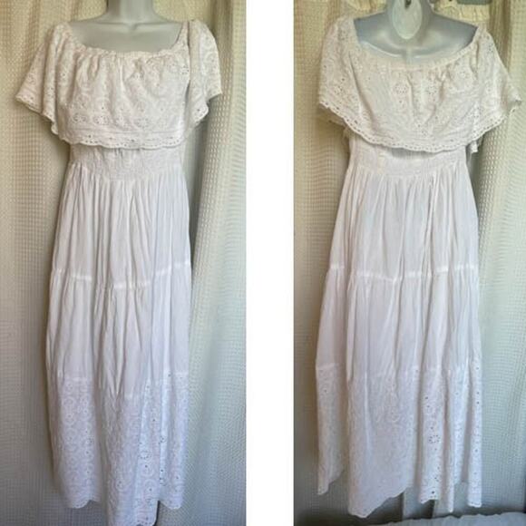 NAOO Nation AK Outfits Boho, Tiered, Off-Shoulder, White Maxi Dress, 1X - Picture 2 of 6